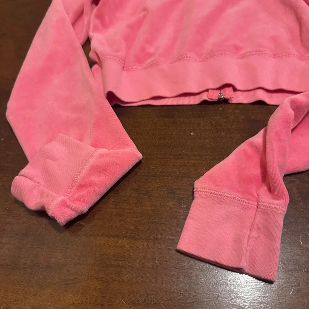 Vintage Juicy Couture Pink Velour Zip Up Hoodie Y2K Cropped Jacket Large '02-'05 - Picture 8 of 10